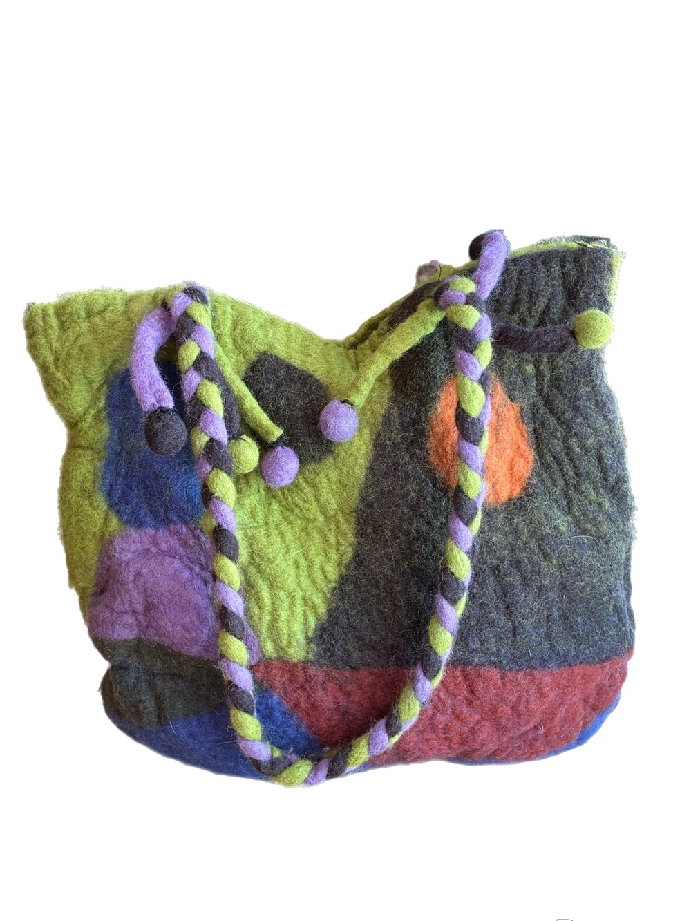 Rising Tide Vintage Handcrafted Colorblock Felt Wool Tote Bag Braided Handle 14”
